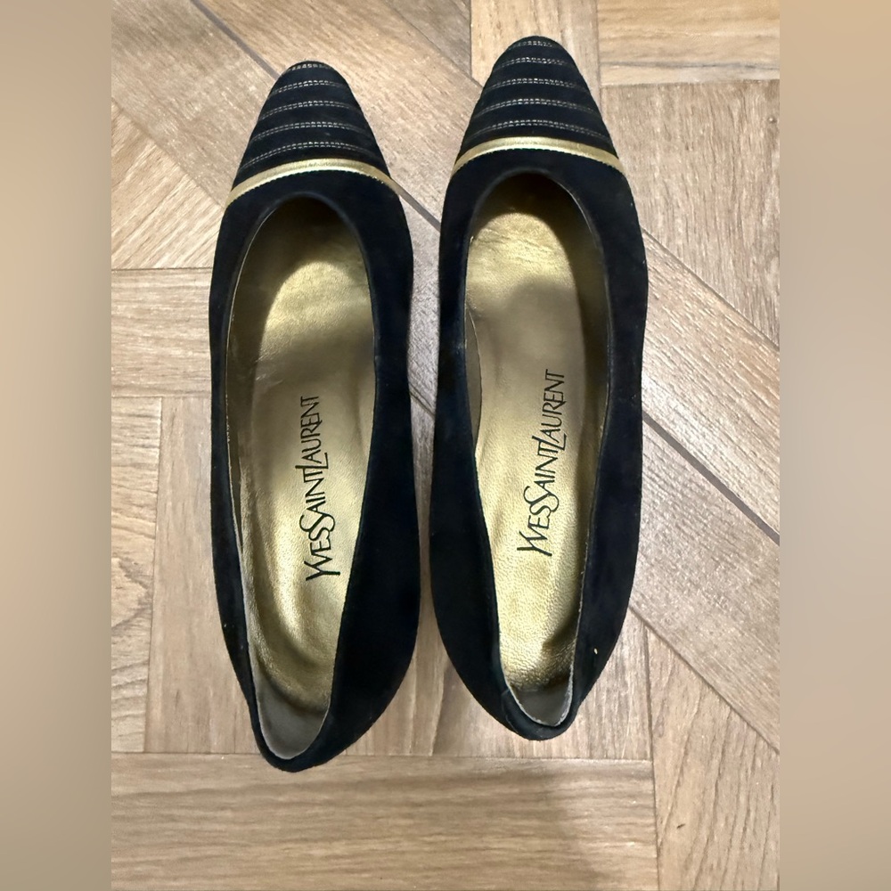 Yves Saint Laurent Black Flats with Gold Detail